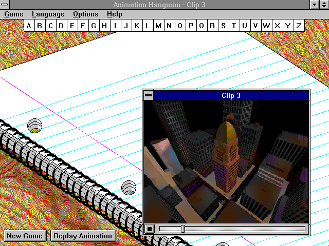Animation Hangman (Windows 3.x) screenshot: Another clip, some buildings