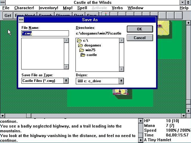 Castle of the Winds I: A Question of Vengeance (Windows 3.x) screenshot: The game has a manual save function