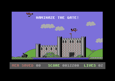 Kamikaze (Commodore 64) screenshot: There's the fort where the hostages are kept