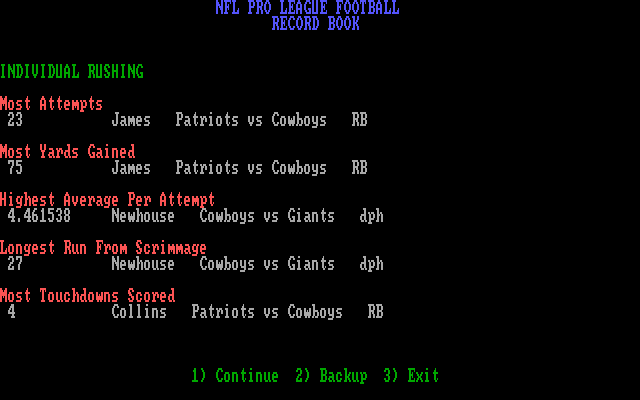 NFL Pro League Football (DOS) screenshot: The record book