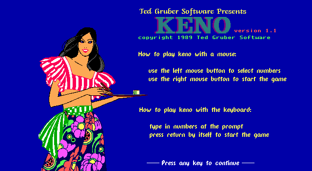 Keno (DOS) screenshot: Your classic title screen, with some basic control instructions.