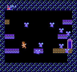 Kid Icarus (NES) screenshot: These enemies looks like noses with eyes and a moustache. I would classify them as the most bizarre monster in the game...