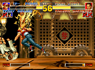 The King of Fighters '95 (Neo Geo CD) screenshot: Terry Bogard's "Power Dunk" is one AWESOME aerial move!