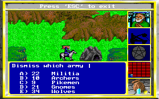King's Bounty (DOS) screenshot: You can only have up to five different armies, though you can dismiss any to replace it with a new one or save some money