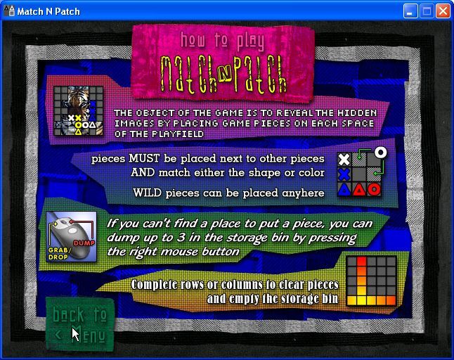 Match 'n' Patch (Windows) screenshot: The game's help screen