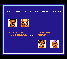 Kings of the Beach (NES) screenshot: Lester (from <moby game="Skate or Die">Skate or Die</moby>) and <moby game="Hard Hat Mack">Hard Hat Mack</moby> team up against Smith and Stoklos.