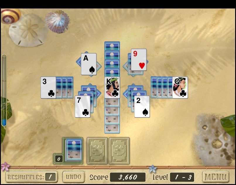 Aloha Solitaire (Windows) screenshot: The start of level three. This is harder and, right from the start, matches are scarce