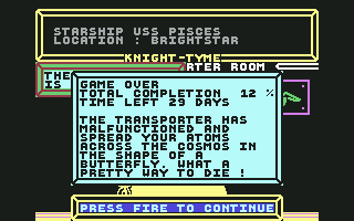 Knight Tyme (Commodore 64) screenshot: Game over. Next time, read memo first.