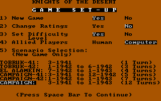 Knights of the Desert (DOS) screenshot: Start menu