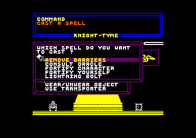 Knight Tyme (Amstrad CPC) screenshot: The spells menu
