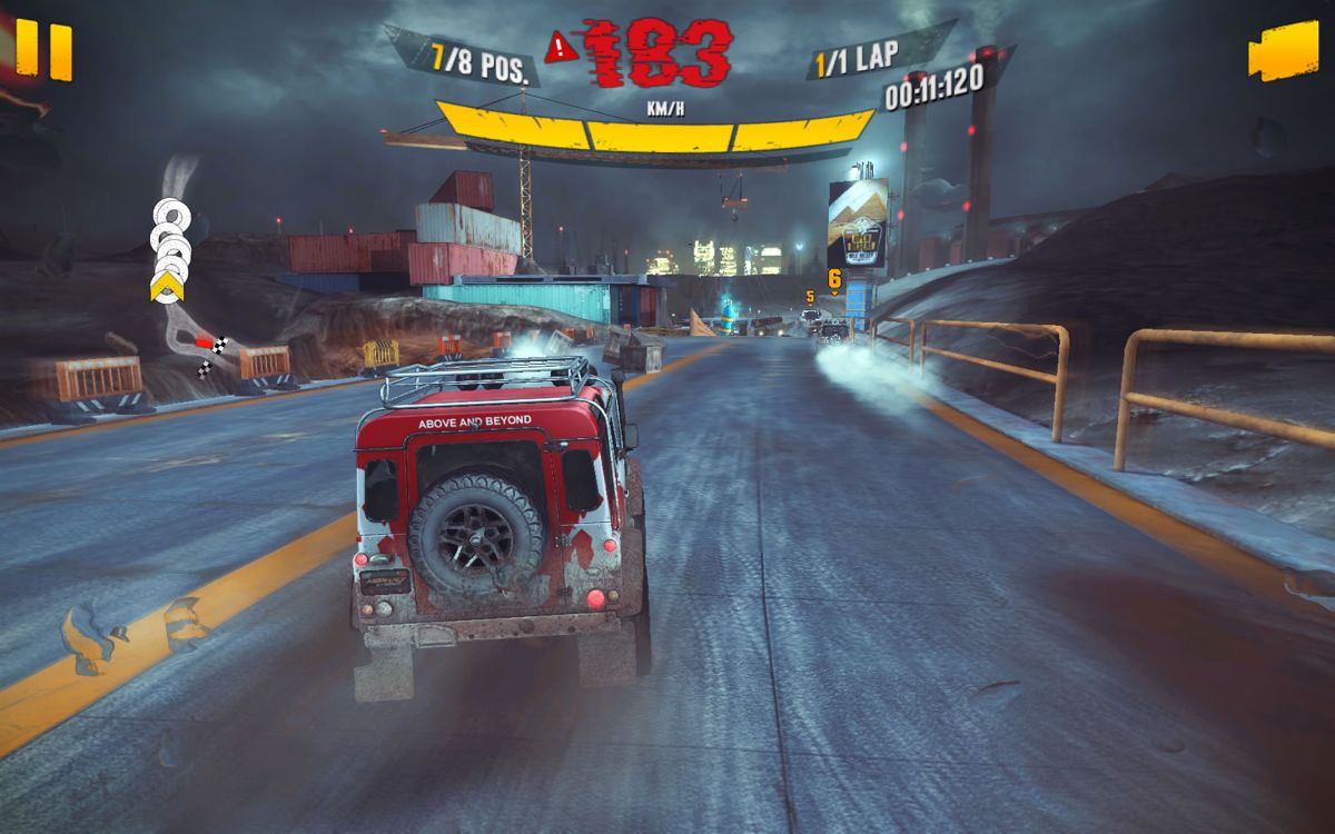 Asphalt: Xtreme (Windows Apps) screenshot: Racing in a shipyard.