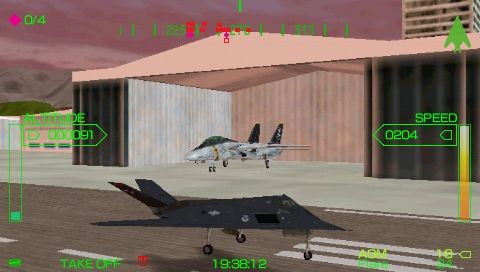 Pilot Academy (PSP) screenshot: Taking off in an F-117 for a bombing run. An F-14 rests in a hangar in the background.
