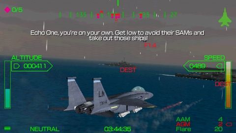 Pilot Academy (PSP) screenshot: Attacking a fleet of destroyers in an F-15.