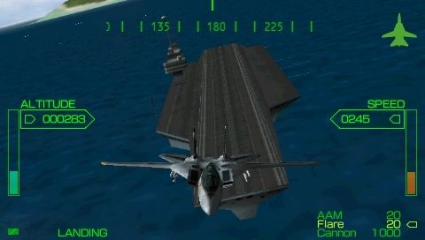 Pilot Academy (PSP) screenshot: Flying low over an aircraft carrier in an F-14.