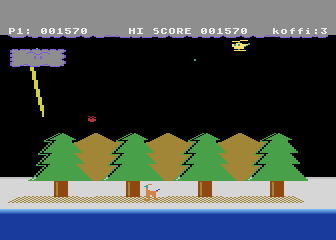 Koffi: Yellow Kopter (Atari 5200) screenshot: Coniferous forest. I need to catch snowflakes.