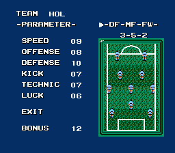 Konami Hyper Soccer (NES) screenshot: the team, for example 4-3-3 or 3-5-2
