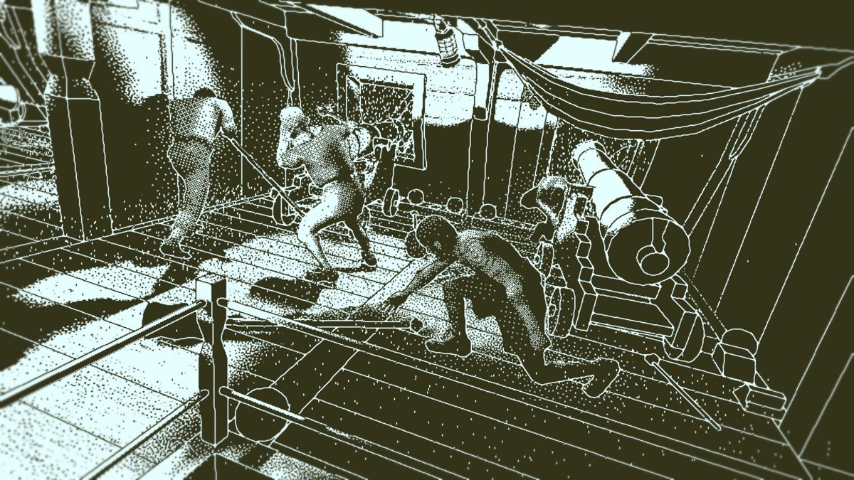 Return of the Obra Dinn (Windows) screenshot: Some cannonmen are trying to use the cannons