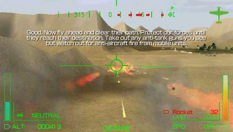 Pilot Academy (PSP) screenshot: A WWII mission puts you in a German plane to attack British tanks in the desert.