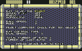 Krakout (Commodore 64) screenshot: Options