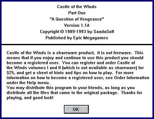 Castle of the Winds I: A Question of Vengeance (Windows 3.x) screenshot: This level was released as shareware and it starts with a shareware reminder screen