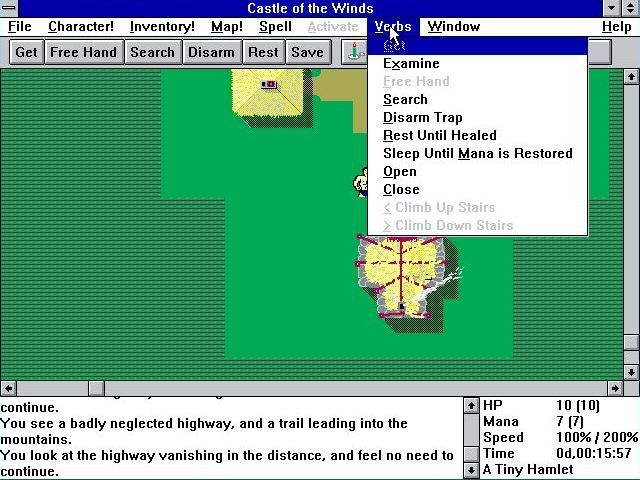 Castle of the Winds I: A Question of Vengeance (Windows 3.x) screenshot: There's lots hidden away under the menu bar