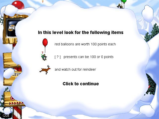 Elf Bowling 3 (Windows) screenshot: In level two, I will have red balloons worth 100 points, mystery presents worth 100 or 0 points and I need to avoid the reindeer.