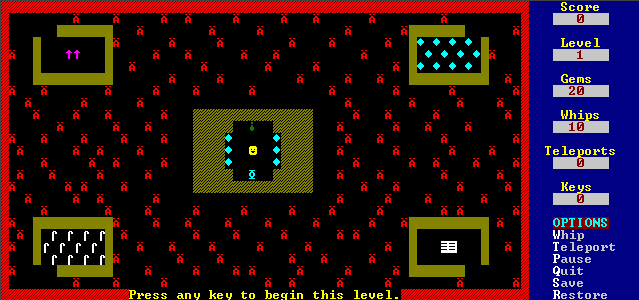 Dungeons of Kroz (DOS) screenshot: The first level