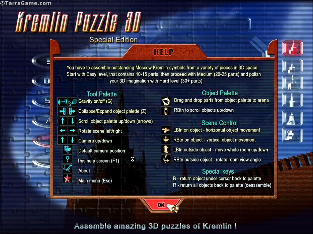 Kremlin Puzzle 3D (Windows) screenshot: The game's instructions