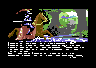 Lancelot (Commodore 64) screenshot: Trying to kill the Black Knight
