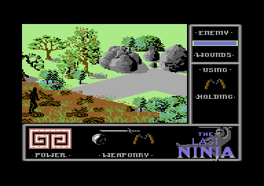 The Last Ninja (Commodore 64) screenshot: Jumping through the swamp