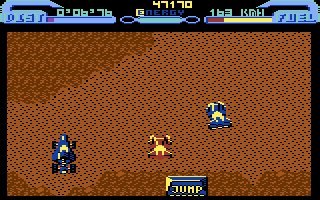 L.E.D. Storm (Commodore 64) screenshot: Nice open space to drive through...missed the jump, though
