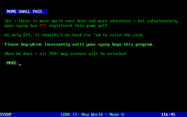 Legend of the Red Dragon II: New World (DOS) screenshot: Ah. A nag screen.