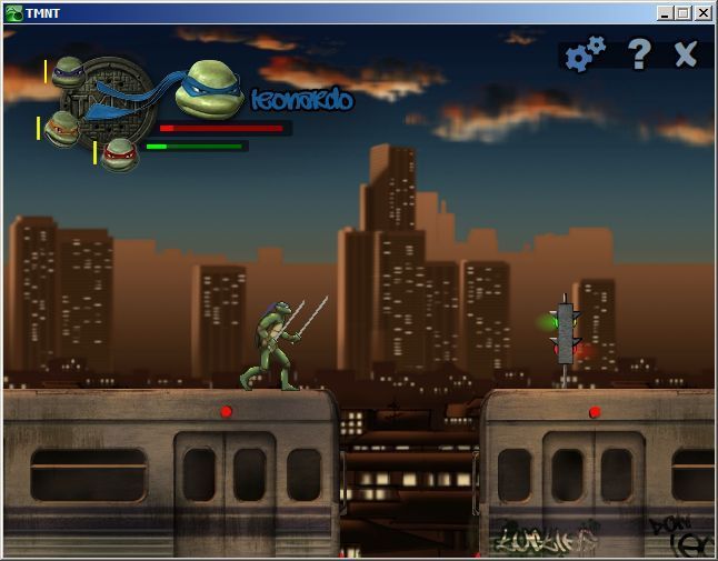 TMNT: Ninja Adventures Activity Centre (Windows) screenshot: The signalling light on the right is an obstacle that must be leaped over. Failure to do so costs health points as can be seen by the health status bar in the upper left