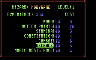 Lords of Chaos (Commodore 64) screenshot: When designing your own wizard, you can spend exp. points on his attributes...