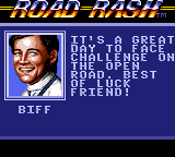 Road Rash (Game Gear) screenshot: At every race start the other racers will give you advices.