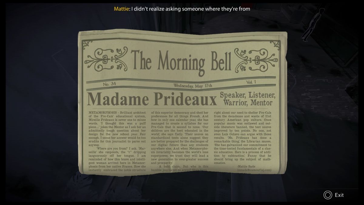 République (PlayStation 4) screenshot: Episode 3 - Listening to an interview for the local newspapers