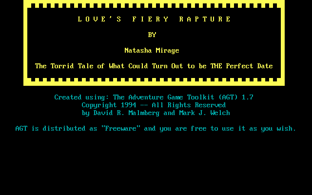 Love's Fiery Imbroglio (DOS) screenshot: Title screen (AGT port)