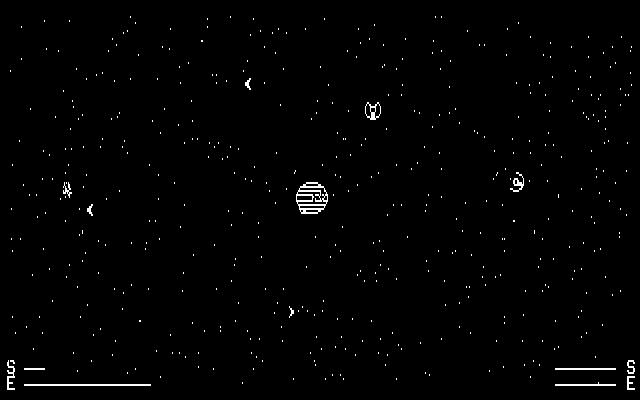 Space Battles (DOS) screenshot: In Space War you can turn the planet on and off (CGA graphics mode)
