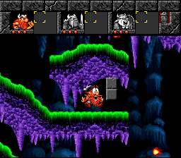 The Lost Vikings (SNES) screenshot: Eric the Swift can also destroy certain walls.