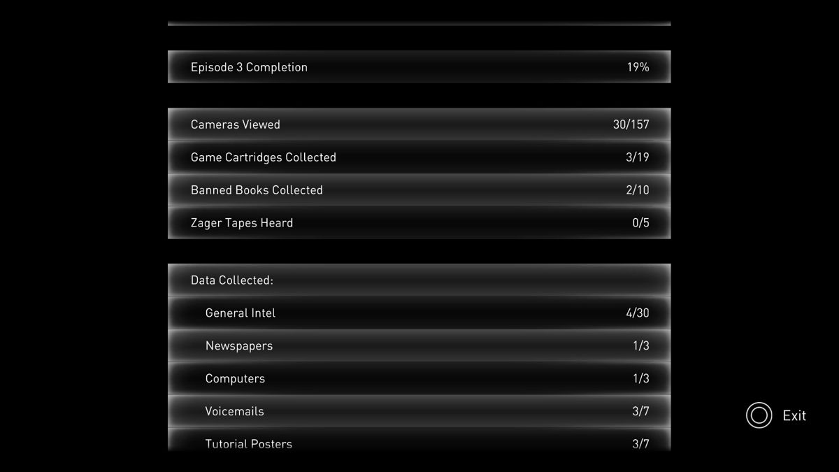 République (PlayStation 4) screenshot: Episode 3 - Episode completion stats