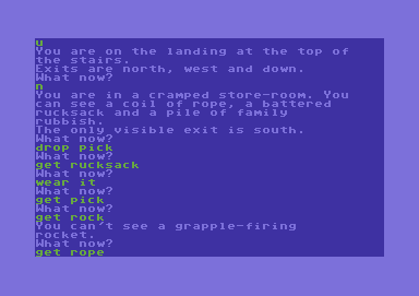 Lords of Time (Commodore 64) screenshot: The rucksack allows you to carry more items