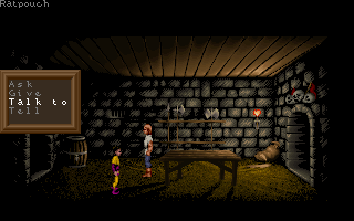 Lure of the Temptress (DOS) screenshot: Ratpouch - Former jester/serf on rack now your faithful servant. A rare example for an adventure game to have companions.