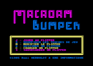 Macadam Bumper (Amstrad CPC) screenshot: Main menu in French