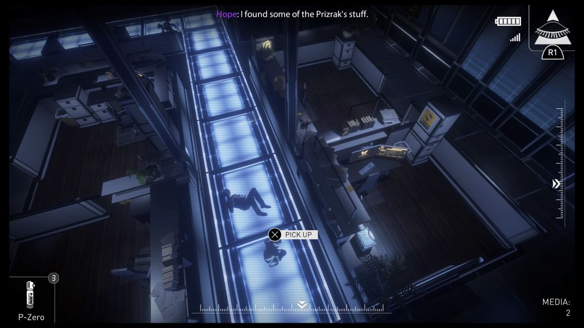 République (PlayStation 4) screenshot: Episode 3 - Disabled guards will leave their items on the ground which can be collected