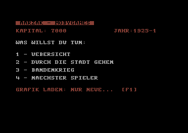 Mafia (Commodore 64) screenshot: Main menu: view your stats, walk around the town, start a gang war, end turn