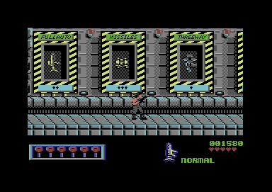 Midnight Resistance (Commodore 64) screenshot: Select your weapon, presumed you got enough keys.