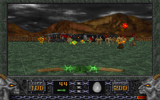 Magic & Mayhem for Heretic (DOS) screenshot: The designers power the player up immediately upon entering the level, then throw reams and reams of strong enemies against the player.