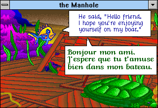 The Manhole: New and Enhanced (Windows 3.x) screenshot: Fish translating the turtle French phrase.