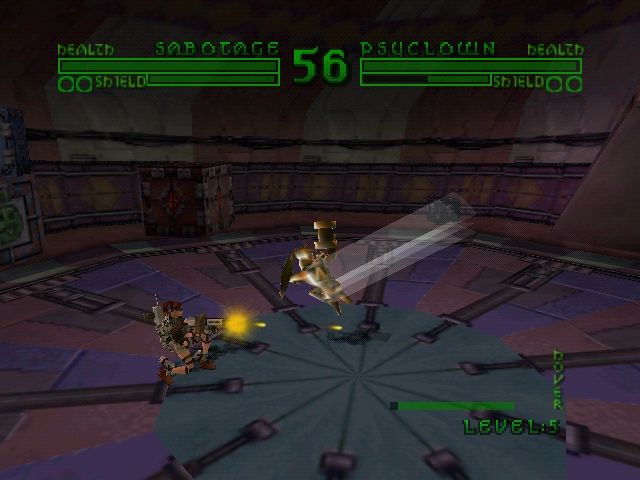 Bio Freaks (Nintendo 64) screenshot: Sabotage firing and Psyclown charging.
