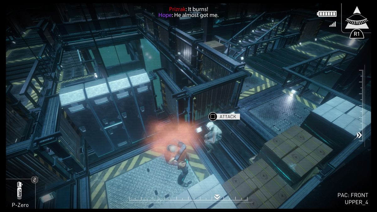 République (PlayStation 4) screenshot: Episode 3 - Disabling a guard with a pepper spray
